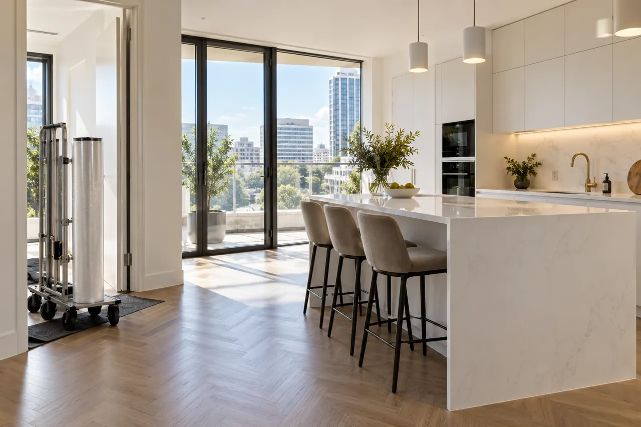 A bright city apartment kitchen with a compact white stone island, lift-access trolley with a neatly secured clear film roll visible near doorway; tidy realistic home