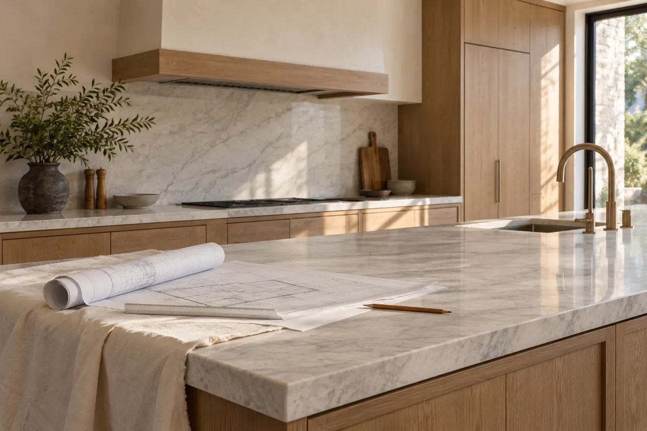 Unoccupied newly completed kitchen with pale quartzite worktop, architectural plans and a pencil on protected clean surface, timber cabinets, side-angle photography