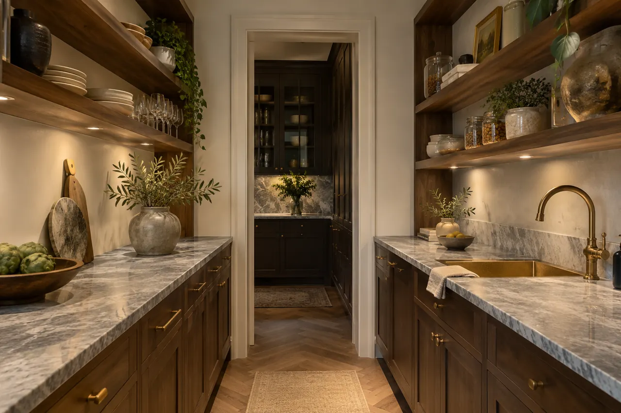 Narrow elegant butler's pantry with grey-veined stone counters on both sides, open walnut shelving and small brass sink