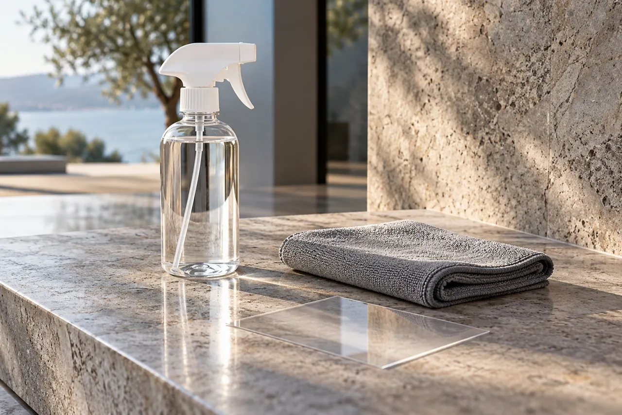 Unlabelled clear spray bottle with folded grey microfiber cloth beside a small transparent film swatch on a stone surface