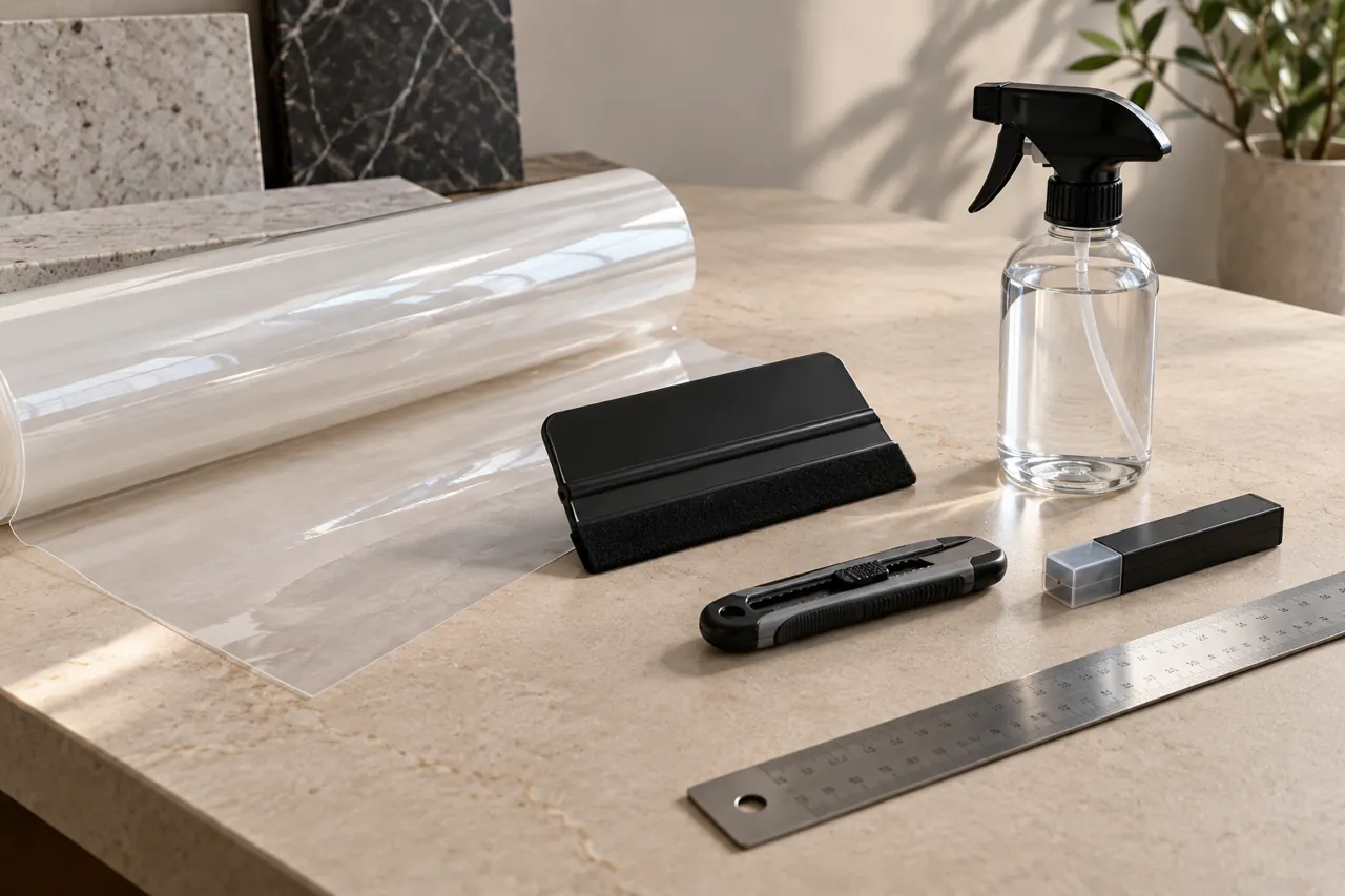 Clear film, a felt-edged black squeegee, retracted utility knife, closed blade case, spray bottle and metal ruler neatly grouped on beige worktable