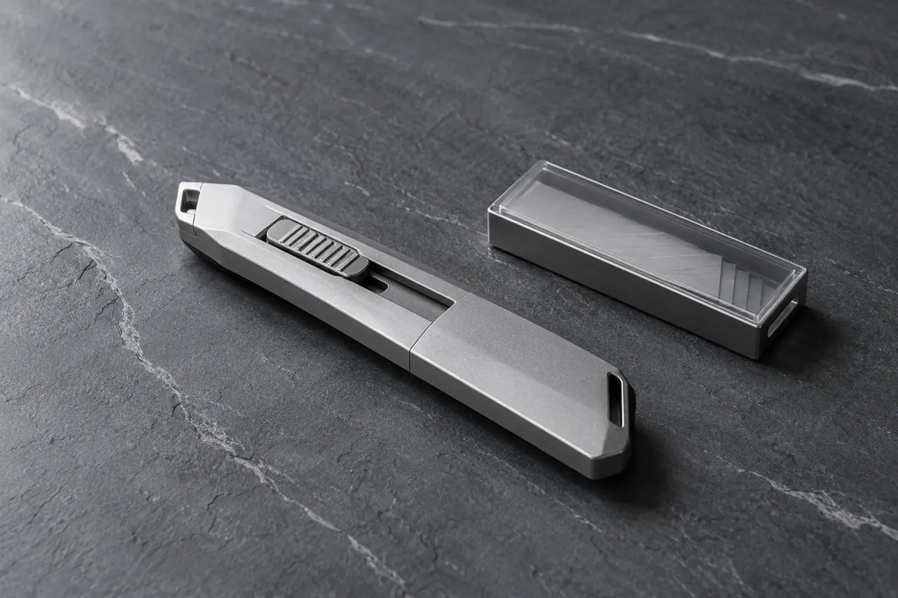 Silver metal utility knife with safely retracted blade and closed spare-blade case on clean slate surface, close simple catalogue photography