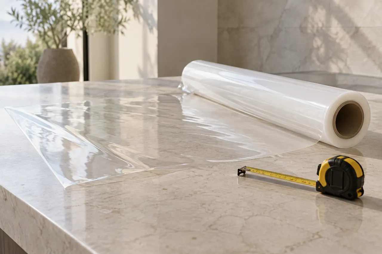 Clear film unrolled for a measured length on pale tabletop with compact tape measure and white roll core, practical elegant product photo