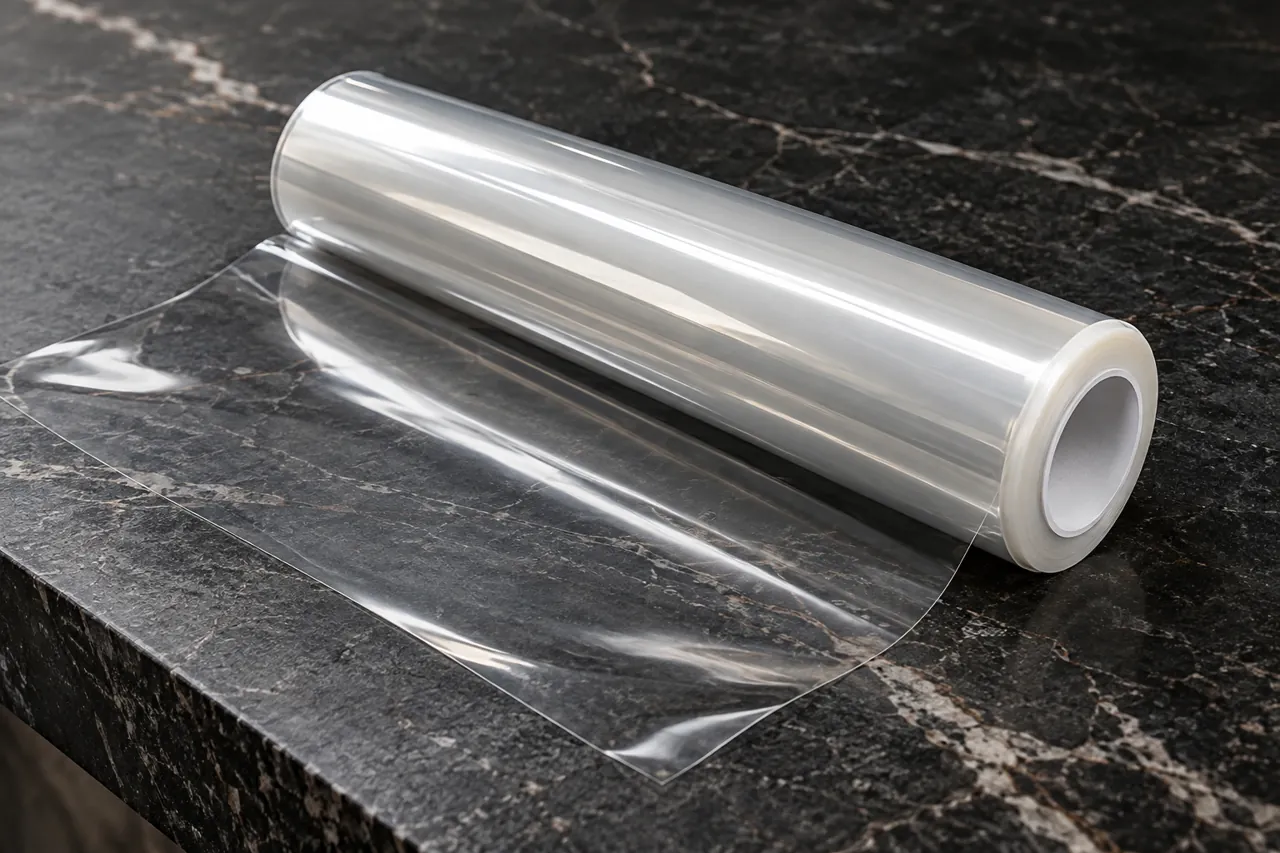 One full clear transparent protection film roll with plain white core resting diagonally on dark stone surface, simple premium catalogue composition