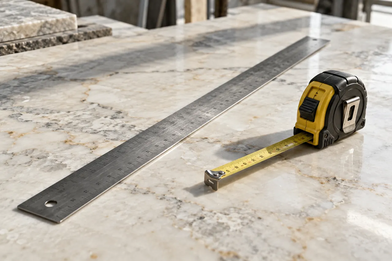 Steel straightedge and compact tape measure arranged diagonally on a pale marble workbench, authentic trade tool photography