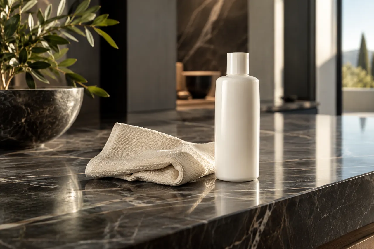 Unlabelled ivory stone cleaner bottle and cream microfiber cloth on subtly veined dark marble counter
