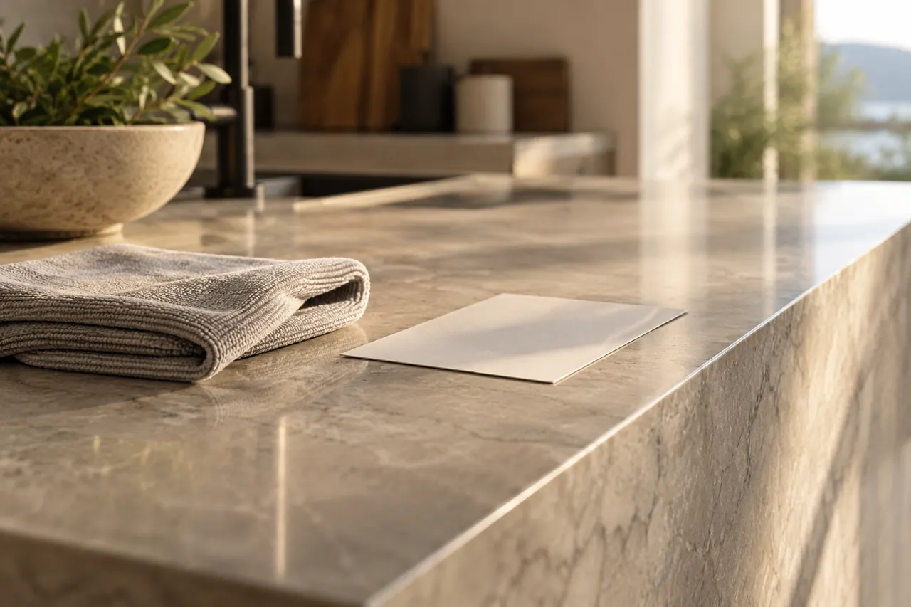 Close editorial detail of folded microfiber cloth and a plain care card with no readable text beside a softly reflective stone benchtop edge