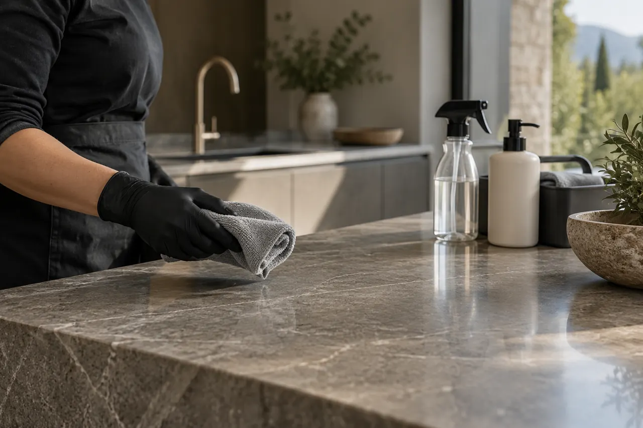 Professional cleaner's gloved hand holding a folded soft cloth beside a warm grey stone worktop, unlabelled cleaning supplies neatly grouped