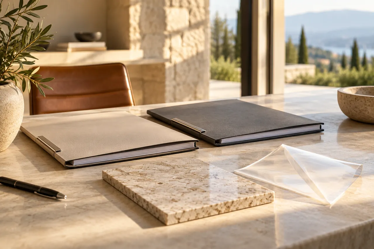 Architectural desk with two plain unlettered quote folders, stone sample and a clear film sample, warm daylight, tactile surfaces