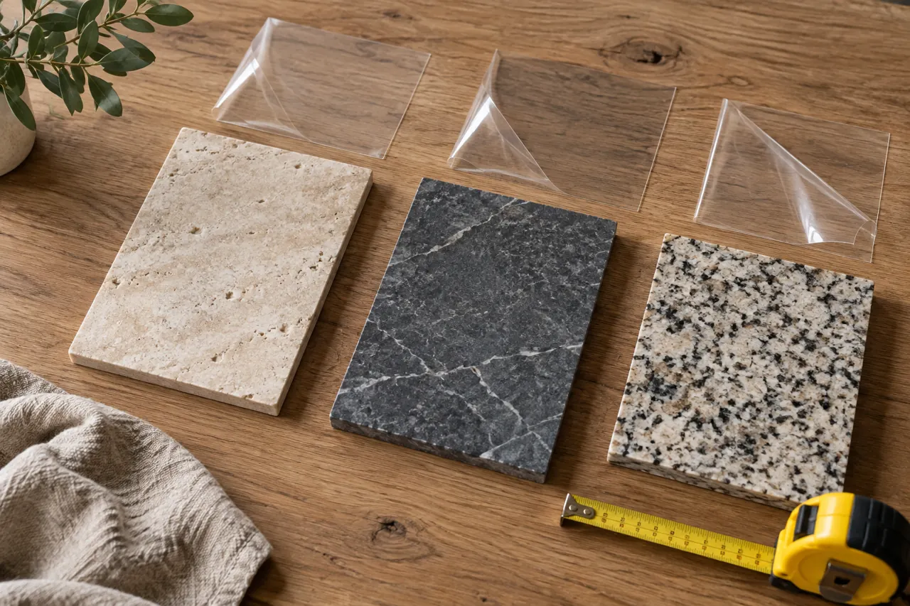 Top-down still life of three stone finish samples with separate clear film pieces and a tape measure on neutral timber