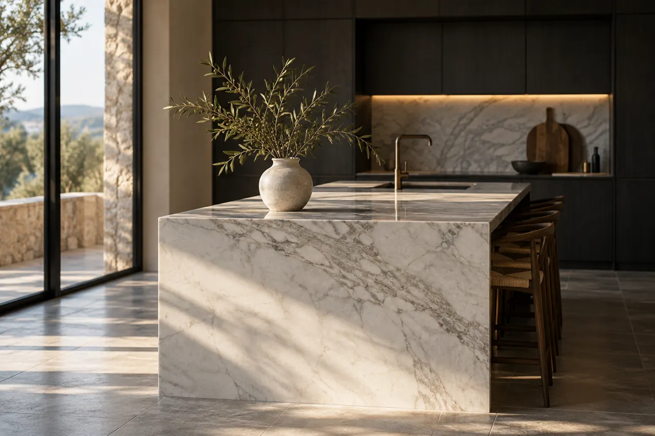 Beautiful white marble island viewed from the end with one small ceramic vase and olive branches, charcoal cabinetry in afternoon light