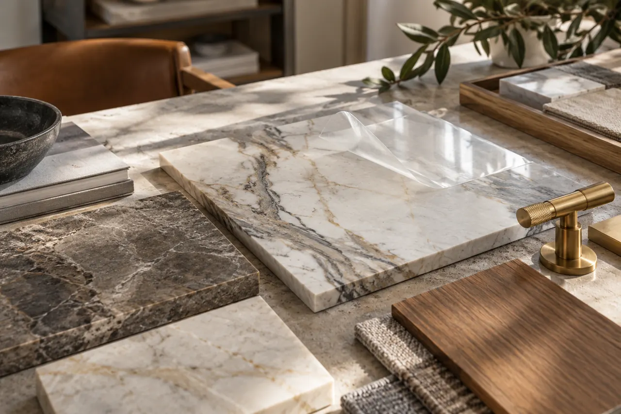 Interior design studio worktable with quartzite samples, clear protective film swatch, wood sample and brass fixture sample arranged naturally