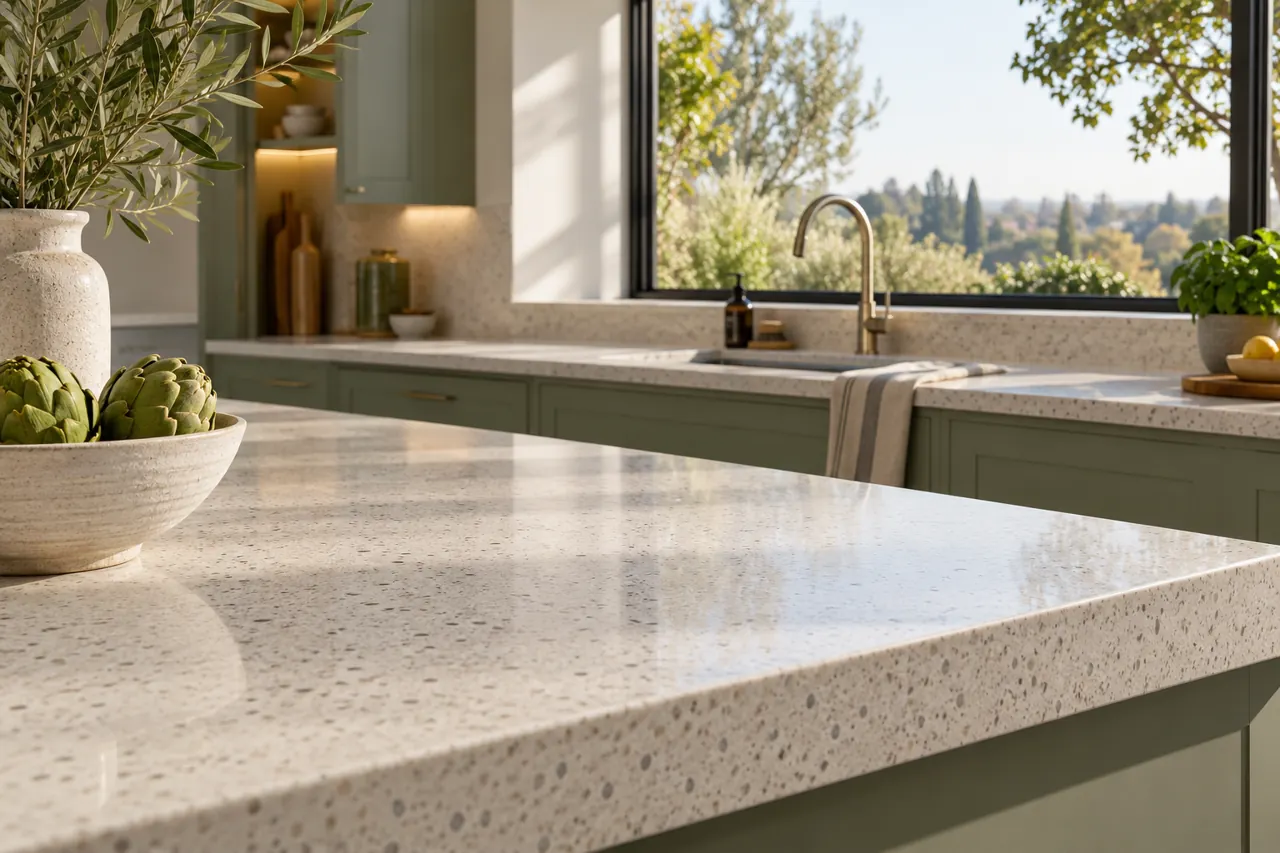 Contemporary kitchen with pale speckled engineered stone countertop, sage cabinets and a wide window, focus on small mineral grain texture