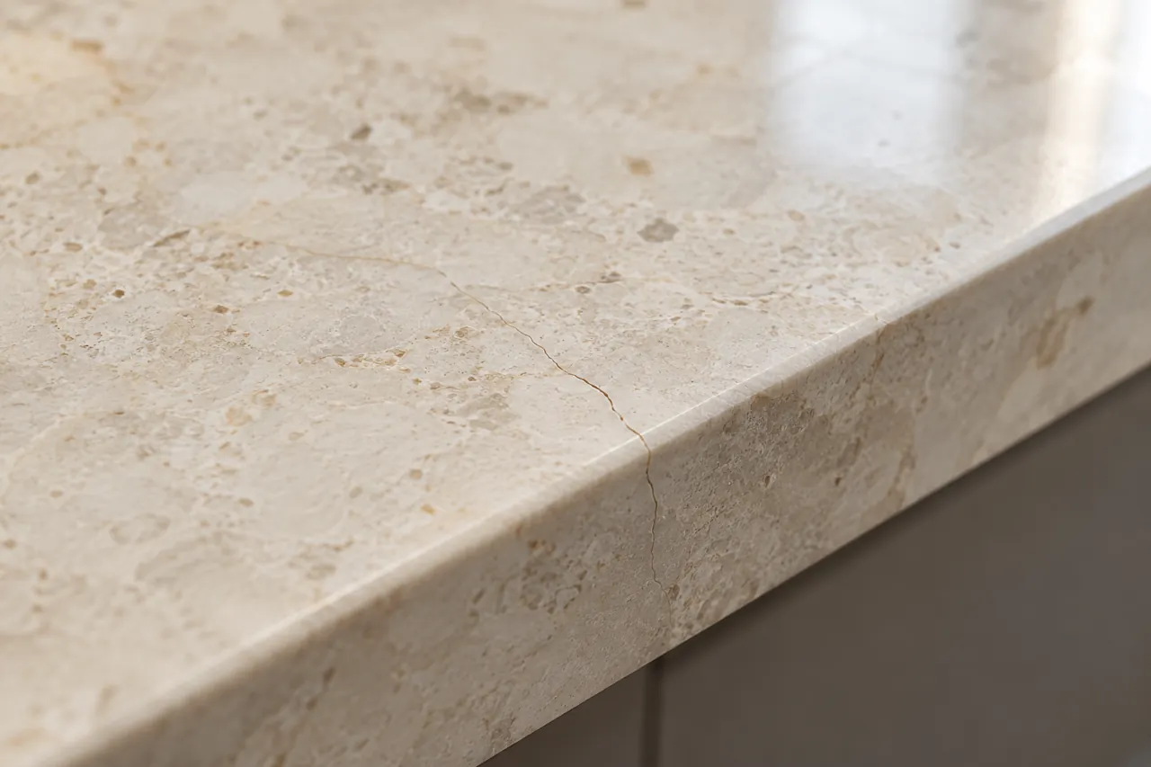 Macro editorial stone countertop detail of one fine hairline crack near an edge, calm realistic cream stone surface, no tools in action