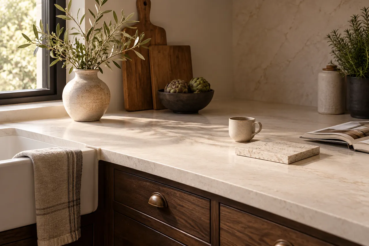 Warm welcoming kitchen corner with an ivory stone counter, dark oak drawers and a stone sample near a small ceramic cup