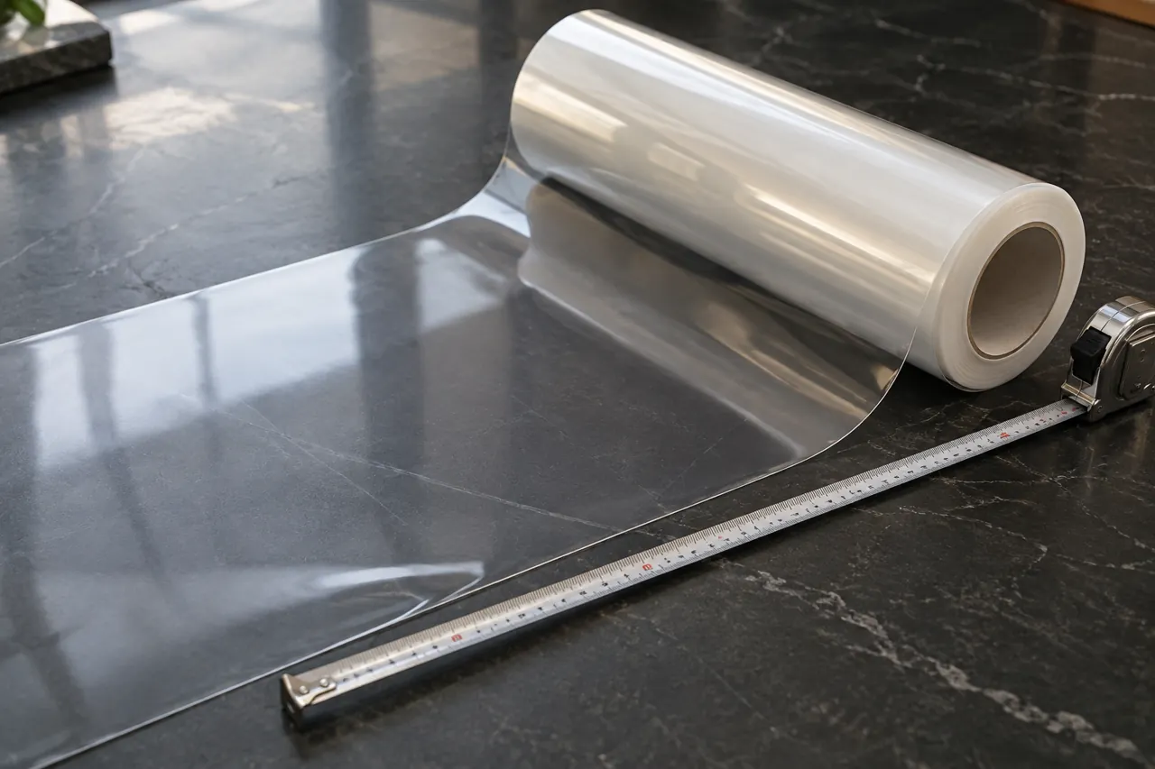 Clear stone protection film length unrolled beside a steel measuring tape on a dark tabletop, white cardboard core, realistic transparent polymer