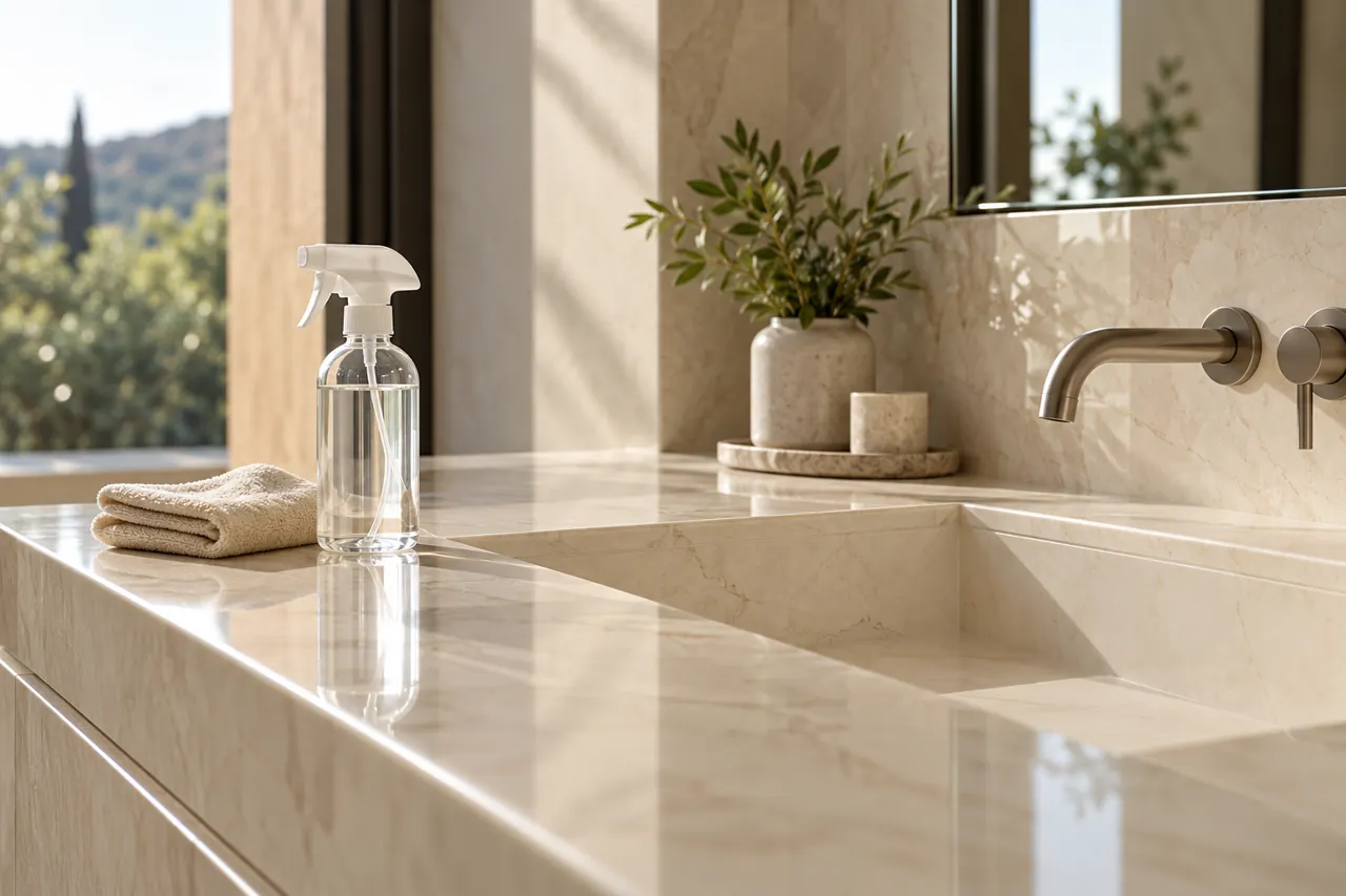 Plain unlabelled cleaner spray bottle and folded cream microfiber cloth sitting beside a glossy protected ivory stone sink surround
