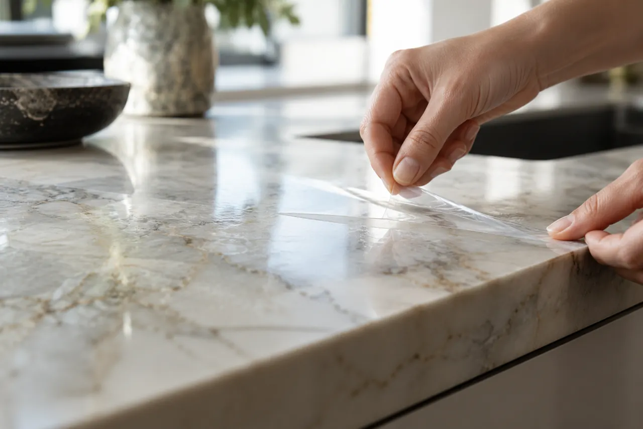Close-up hands carefully lifting a narrow edge of transparent old protection film from a polished pale marble worktop, realistic very thin film