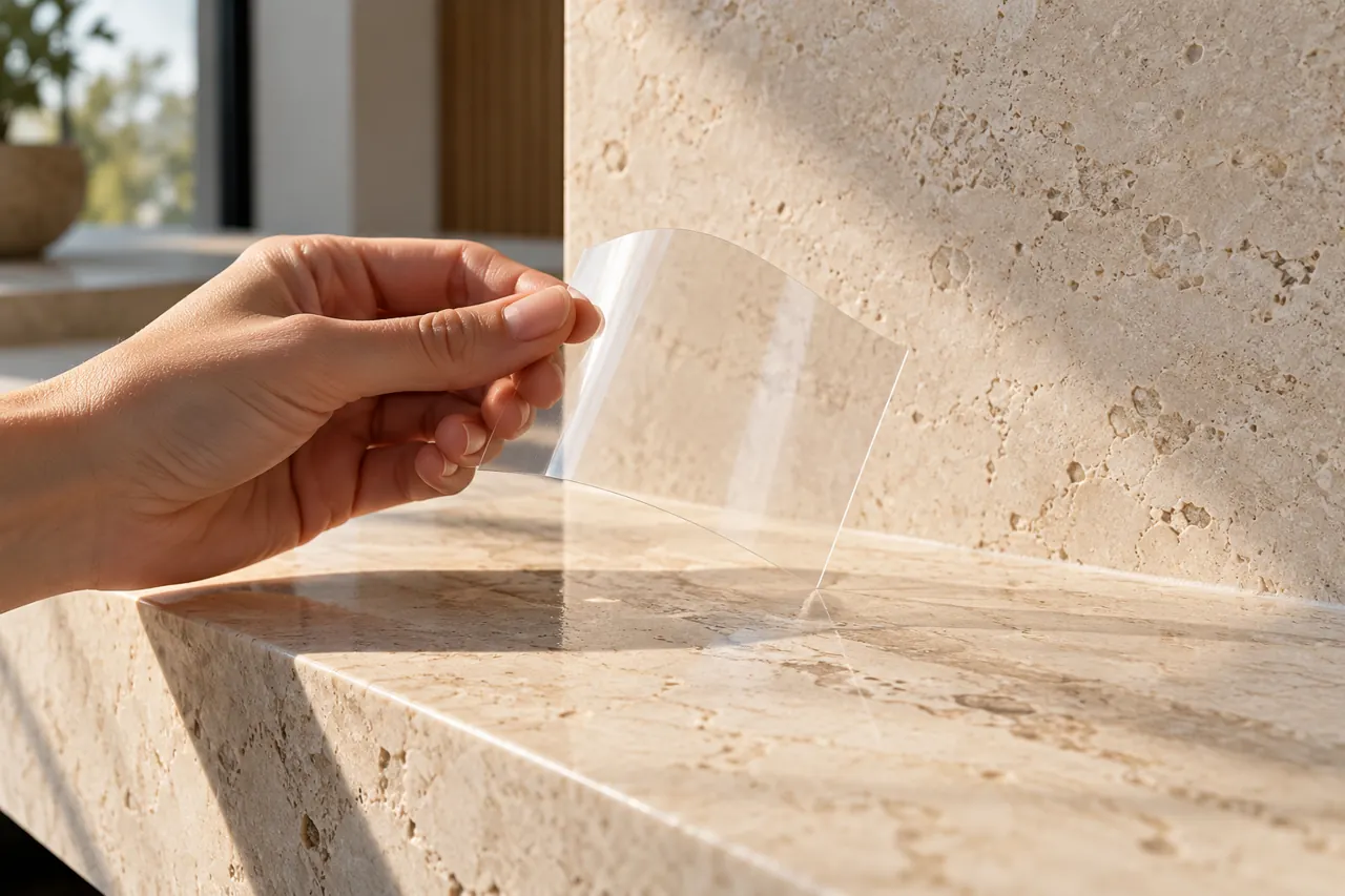 Hand holding a small flexible clear protection film sample in front of cream stone under natural window light