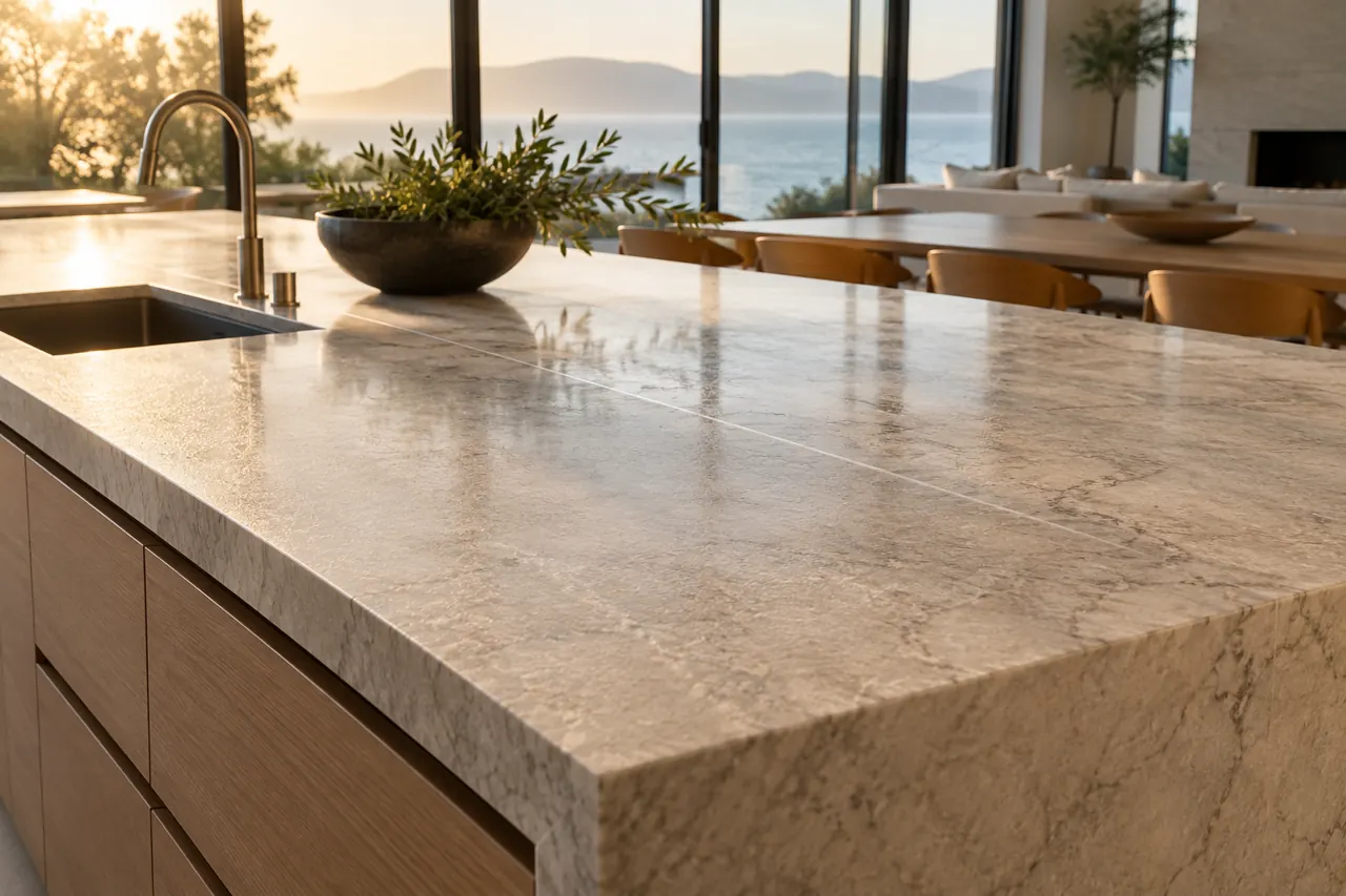 Wide stone island with a subtle clear film seam on its surface shown in raking light, no drawn markings, modern oak cabinetry