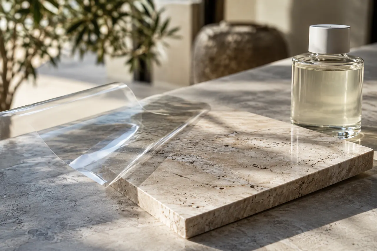 Close still life of a transparent film sample, neutral stone slab sample and an unlabelled sealer container, no graphics or claims