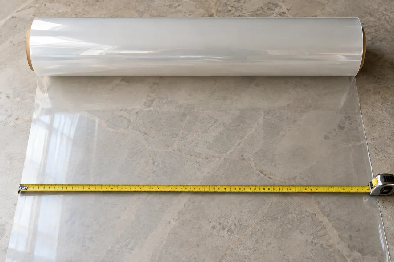 Overhead studio photograph of a wide clear film roll with a metal tape measure extended across the film width, realistic scale, uncluttered