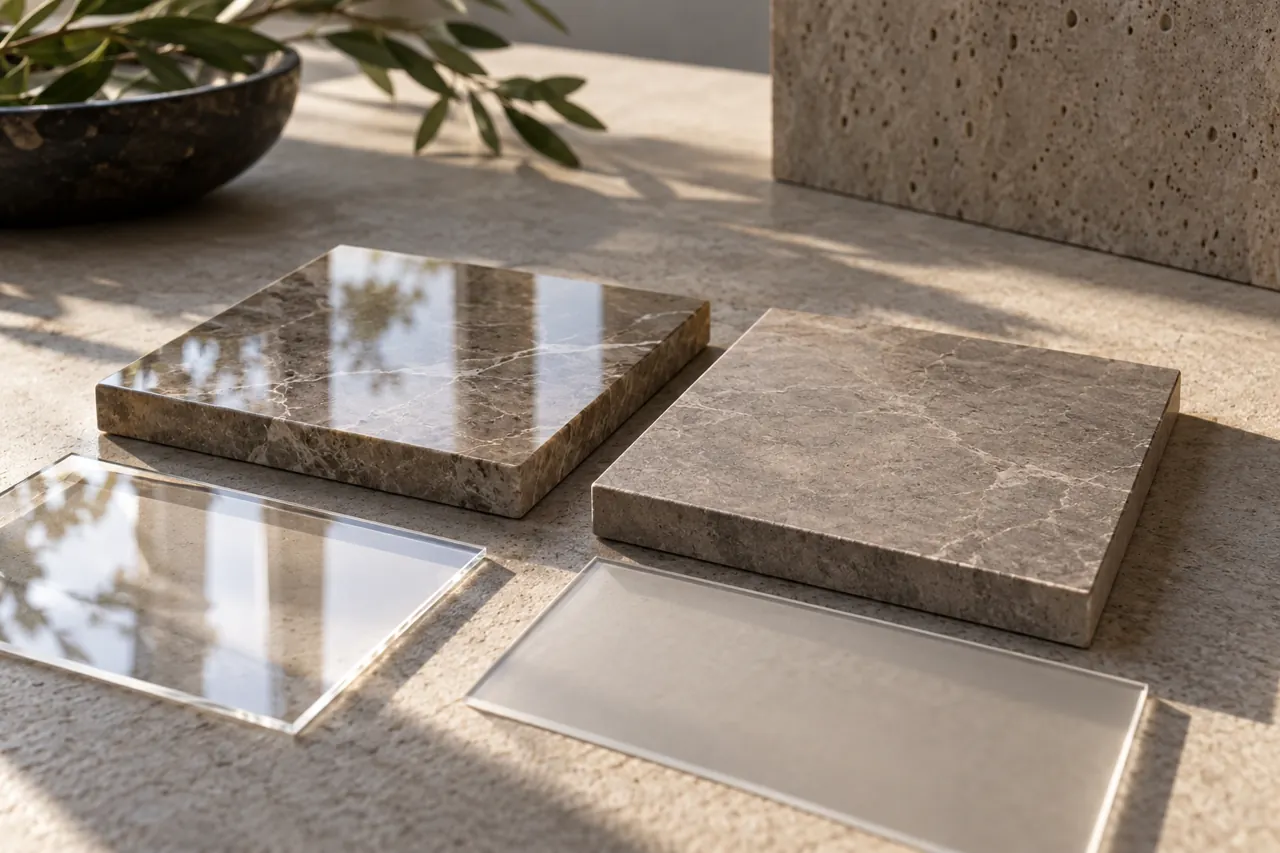 Side-by-side two small natural stone sample tiles, one polished reflective and one honed matte, beside clear film samples in soft raking light