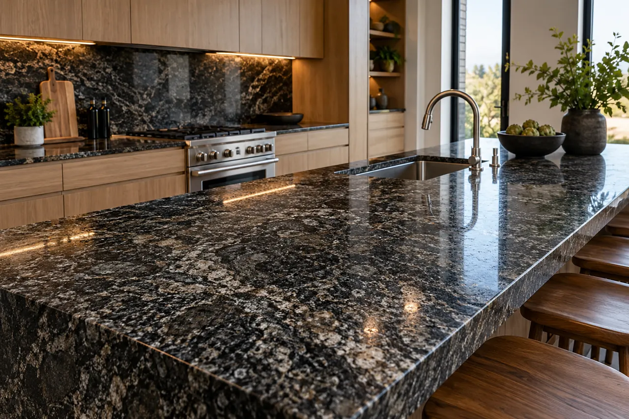 Kitchen with richly textured black-and-grey granite island, light timber cabinetry and stainless sink, authentic granular mineral texture