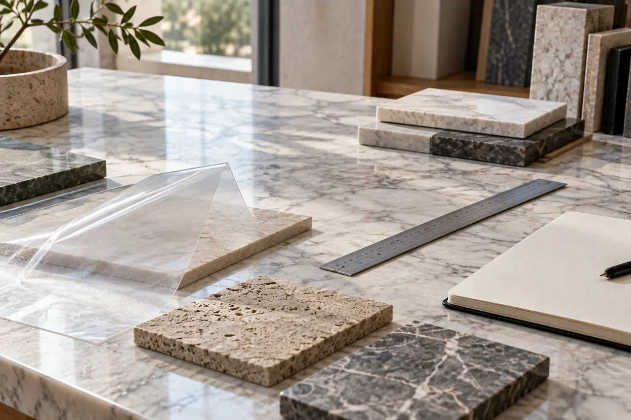 Marble studio worktable with a clear film swatch, stone tile samples, a ruler and plain notebook, soft architectural daylight