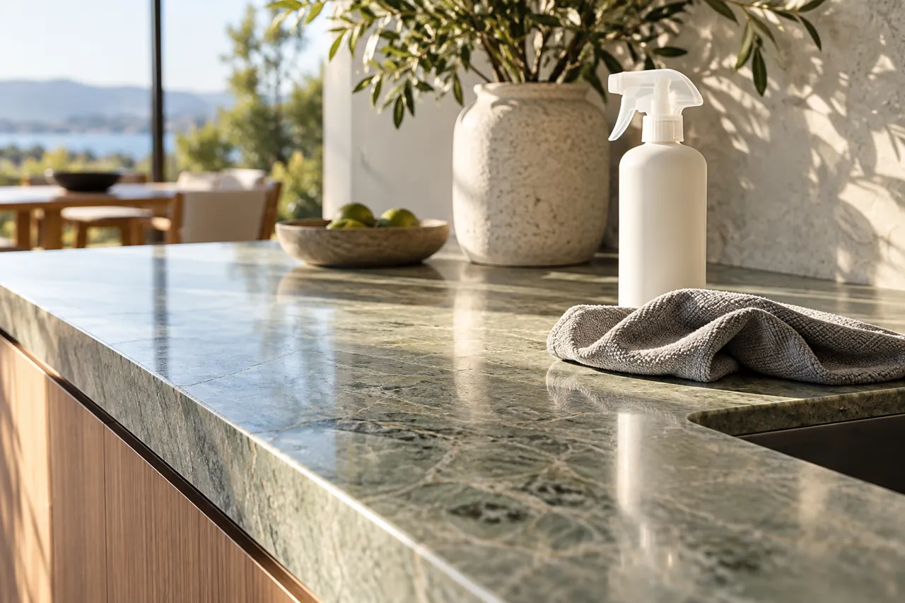 Grey microfiber cloth beside a smooth green-grey stone benchtop with a plain unlabelled cleaner bottle and morning light