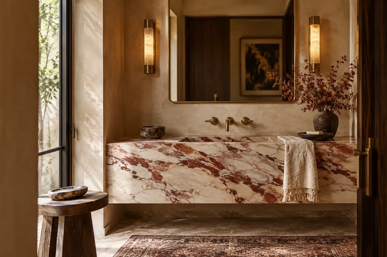 Luxurious compact bathroom with a striking red-veined cream marble vanity, brass fixtures and warm plaster walls, architectural photography