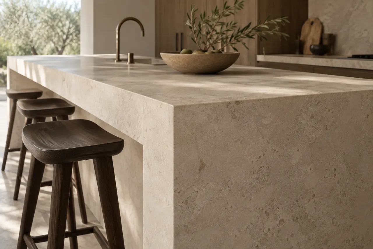 Close architectural detail of matte honed limestone-coloured stone island, tactile satin surface, soft shadows and dark oak stools