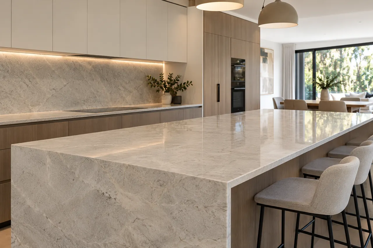 Empty cleared kitchen benchtop before installation, pale quartzite island with no appliances or clutter, neatly prepared contemporary interior