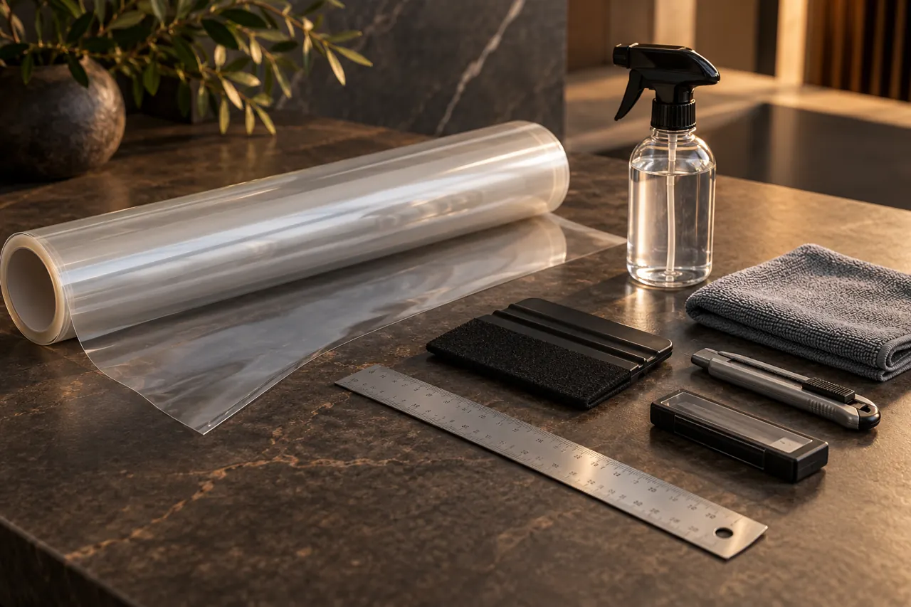 Premium unbranded film installation kit: clear film, black felt squeegee, retracted utility knife, closed blade case, ruler, spray bottle, microfiber cloth on warm dark surface