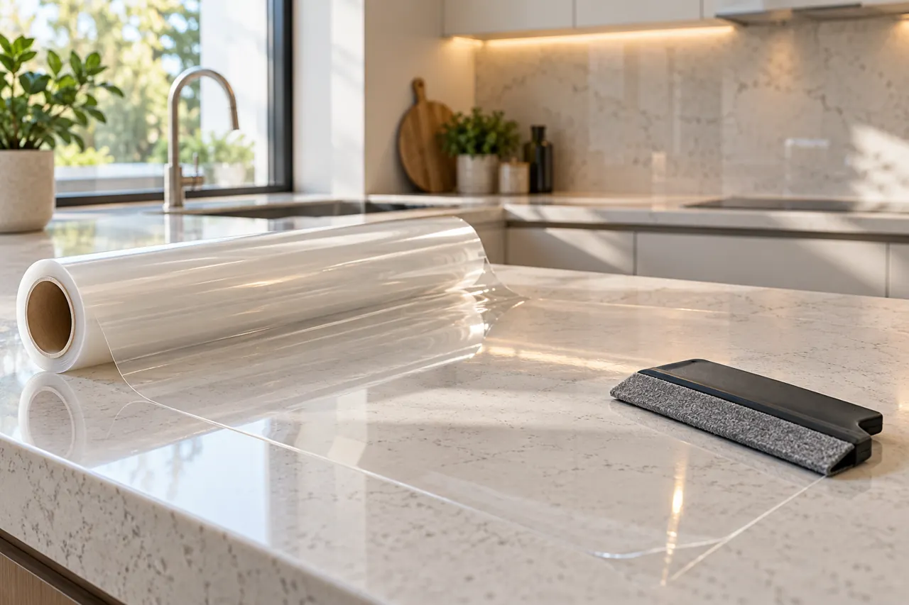 Half-unrolled clear film on a neutral quartz worktop beside a felt-edge squeegee, bright clean kitchen backdrop