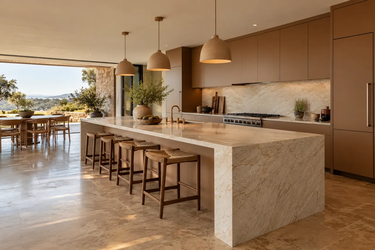 Very long rectangular cream quartzite kitchen island with waterfall ends, warm clay-coloured cabinets, three simple pendant lamps, broad architectural angle