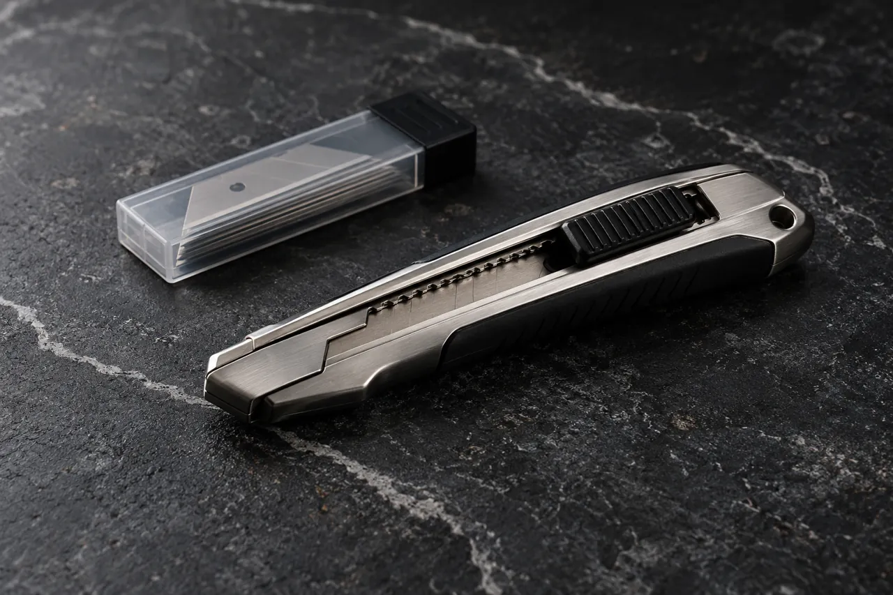 Product photograph of a premium stainless retractable utility knife with blade safely retracted, spare blades inside a closed transparent case, dark stone background