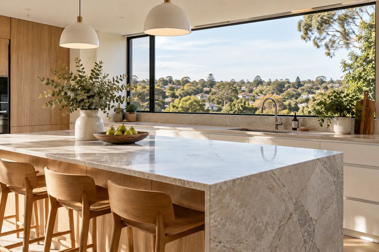 Contemporary Australian residential kitchen with stone bench and distant leafy suburban view through a broad window, no geographic landmarks