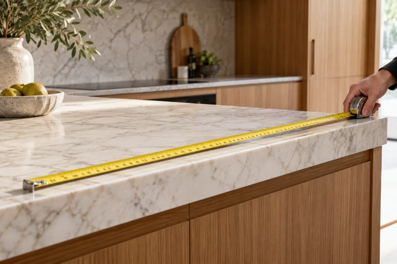 One hand holding a metal tape measure stretched along a rectangular marble benchtop edge, realistic measurement scene, timber kitchen backdrop