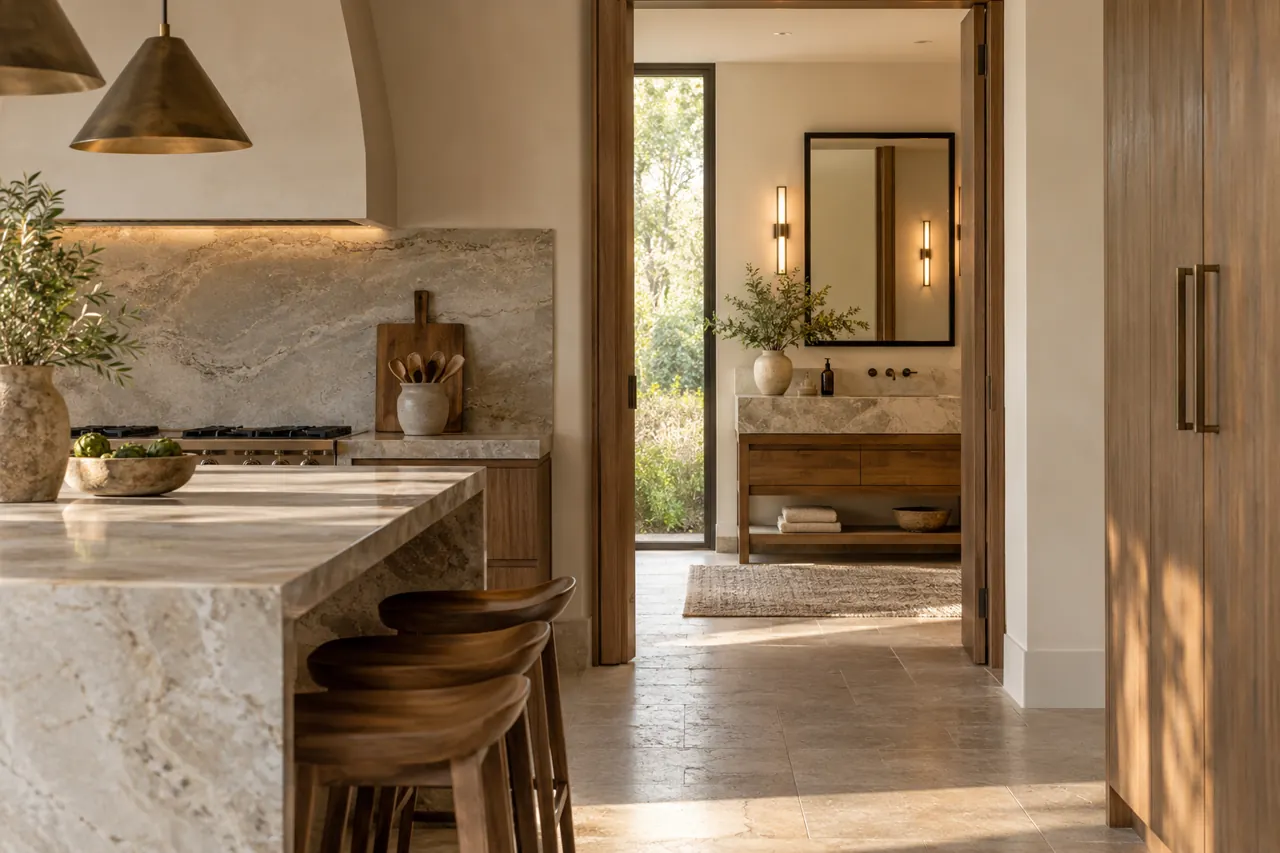 Architectural view through an open doorway connecting a kitchen stone island and a stone vanity area, coherent warm neutral interior