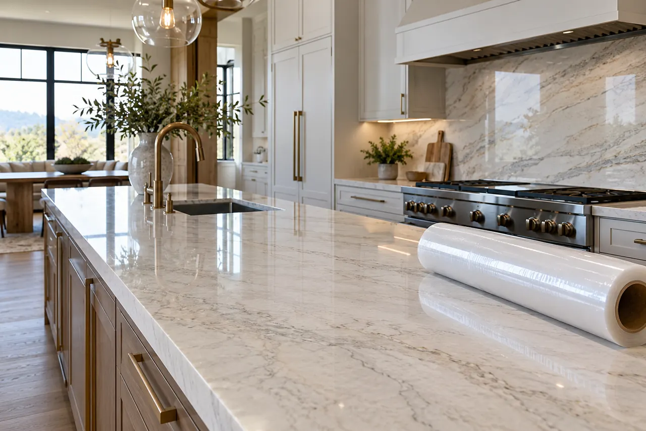 Recently completed premium kitchen with immaculate pale quartzite counters and unopened plain protection film roll ready for installation