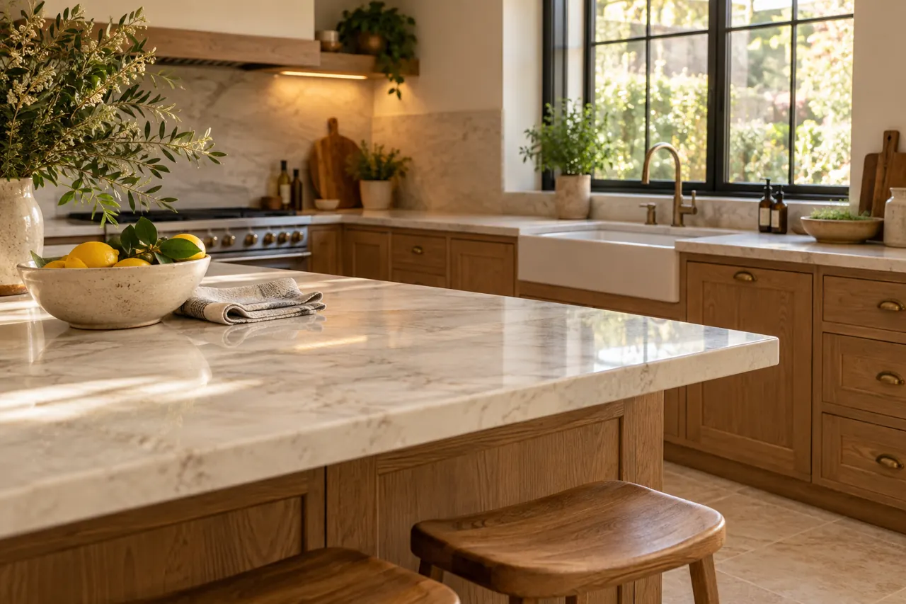 Lived-in but neatly cleared kitchen with warm timber cabinets, pale stone worktop and cloth folded beside a ceramic bowl