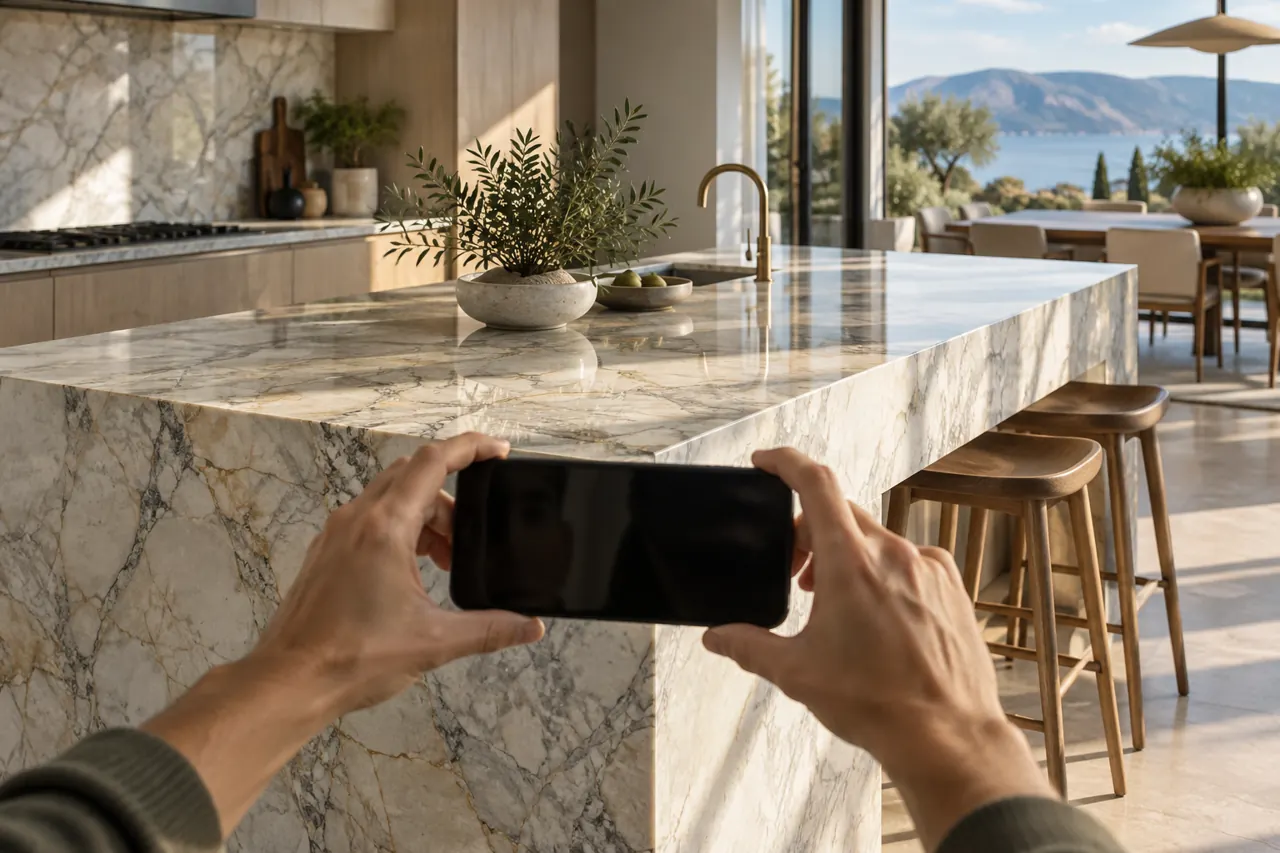 Hands holding a smartphone horizontally taking a photograph of a marble island, phone screen dark and unobtrusive, natural daylight