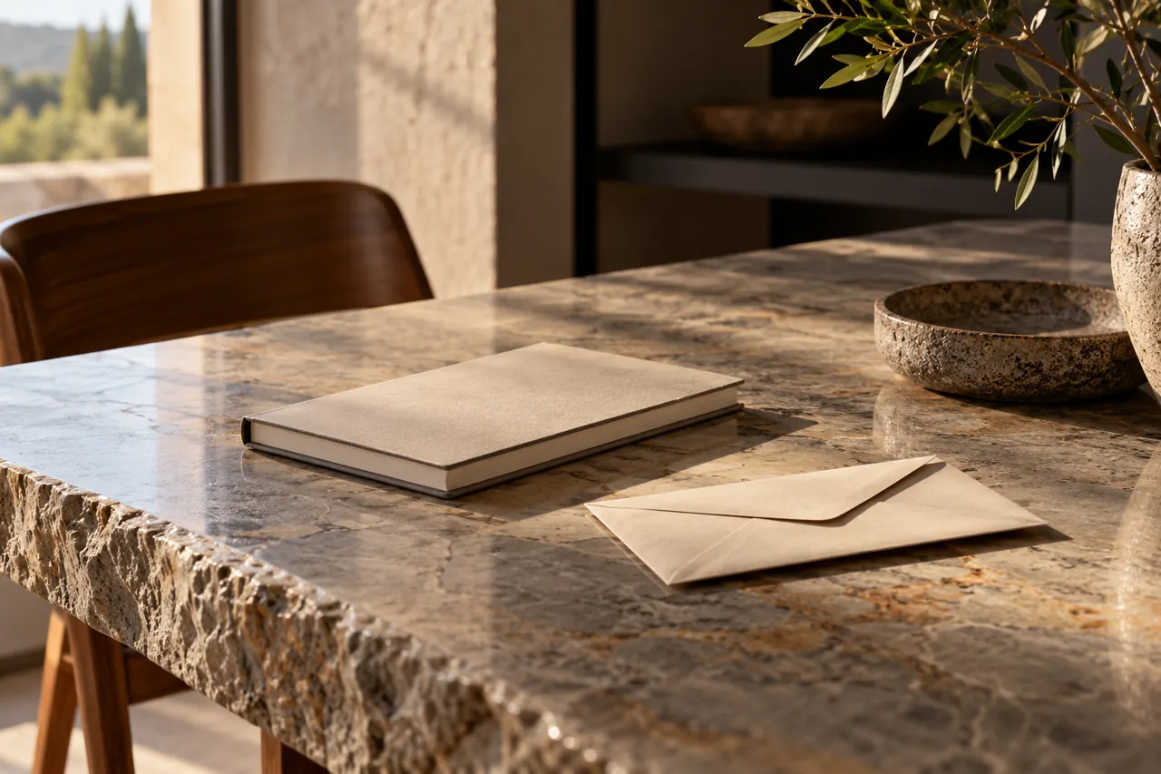 Quiet stone worktable with a closed plain notebook and an unmarked envelope, warm side light, no personal information or legible text