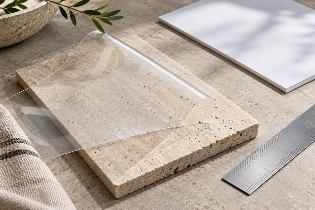 Detailed clear film swatch draped over a pale stone tile with unlettered product sheet and metal ruler beside it, editorial tabletop photograph