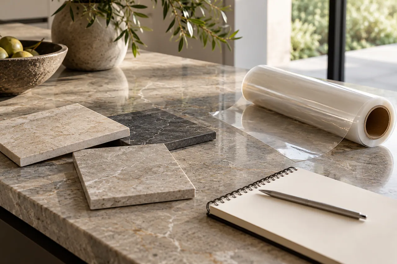 Three material samples, a clear protection film roll and plain notebook on a honed stone worktop, thoughtful refined project planning still life
