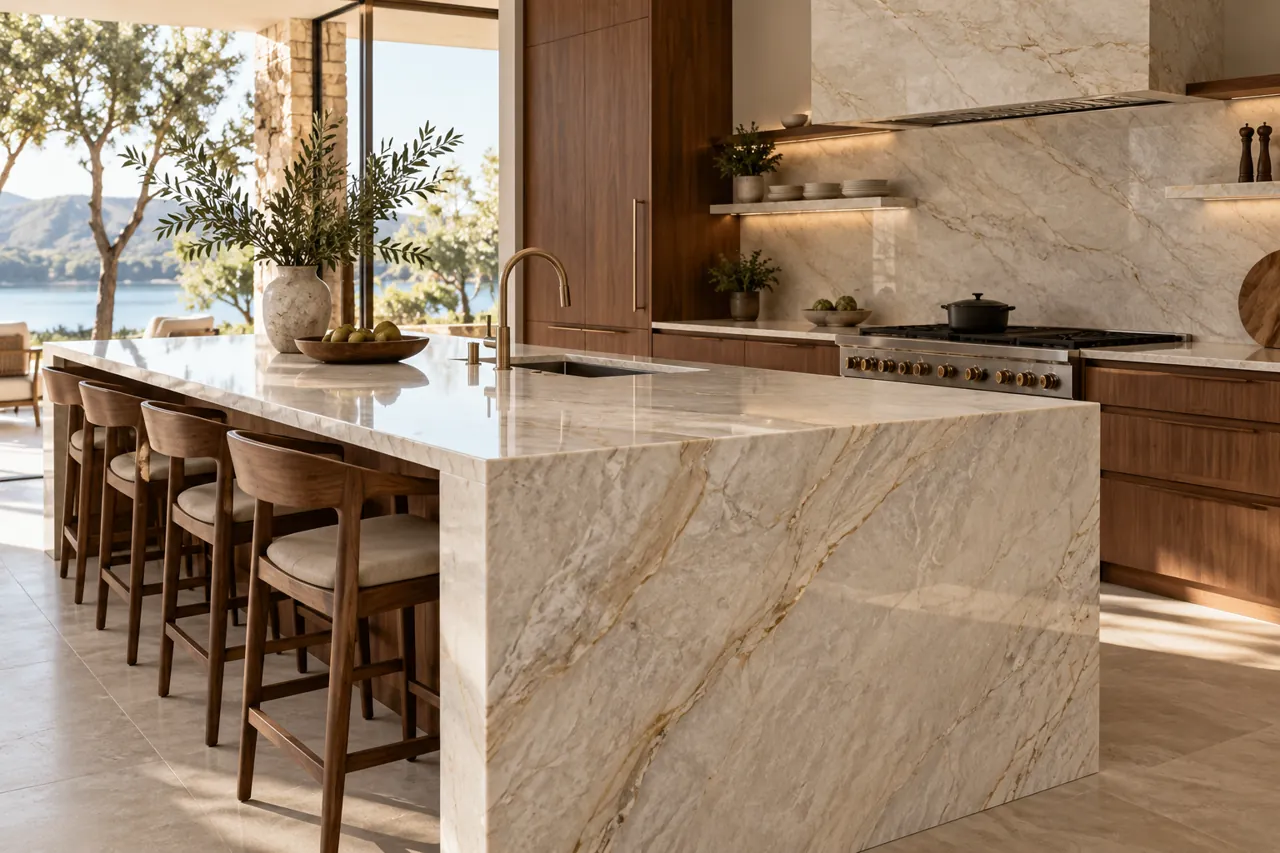 Premium kitchen with creamy Taj-Mahal-like quartzite waterfall island with warm fine mineral veins, walnut cabinet fronts and soft natural sunlight