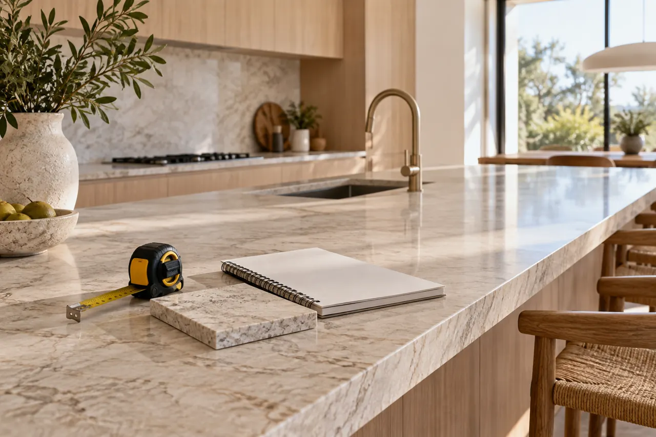 Clean island bench with a measuring tape, stone sample and plain unlettered checklist booklet, pale timber kitchen in background