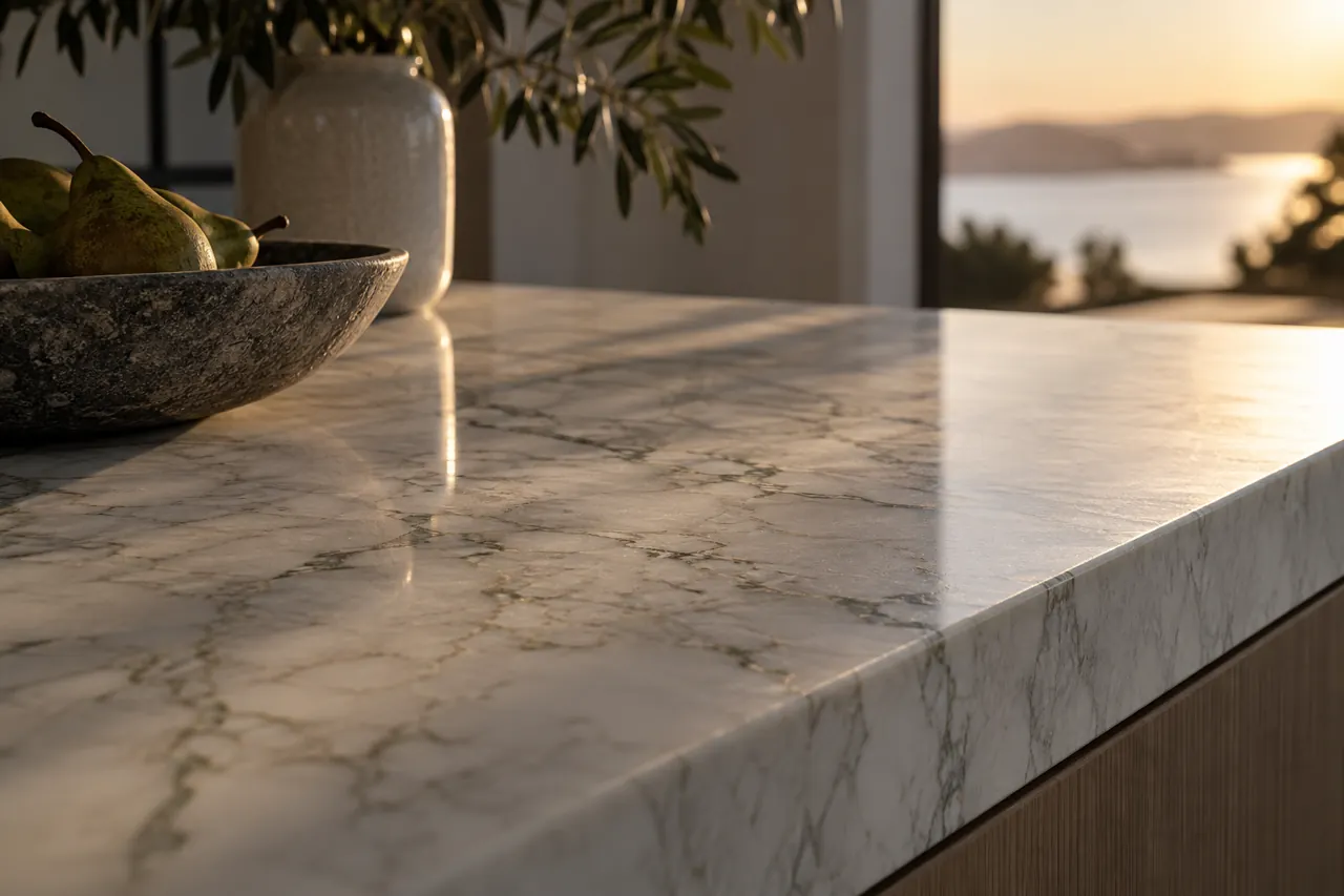 Close view of a pale marble benchtop in low raking afternoon light revealing natural sheen and fine surface texture