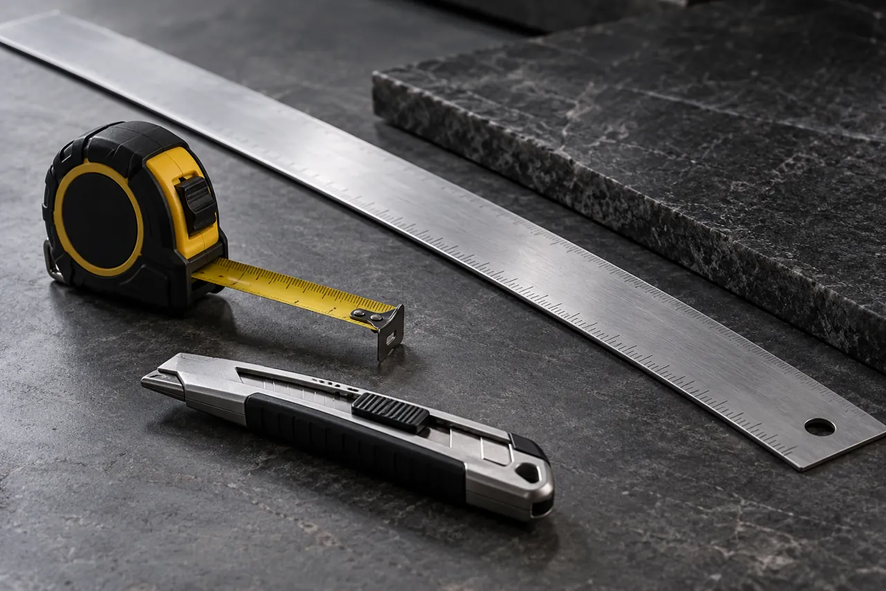 Unbranded long steel straightedge, compact tape measure and retracted utility knife on charcoal work surface, premium practical product photography